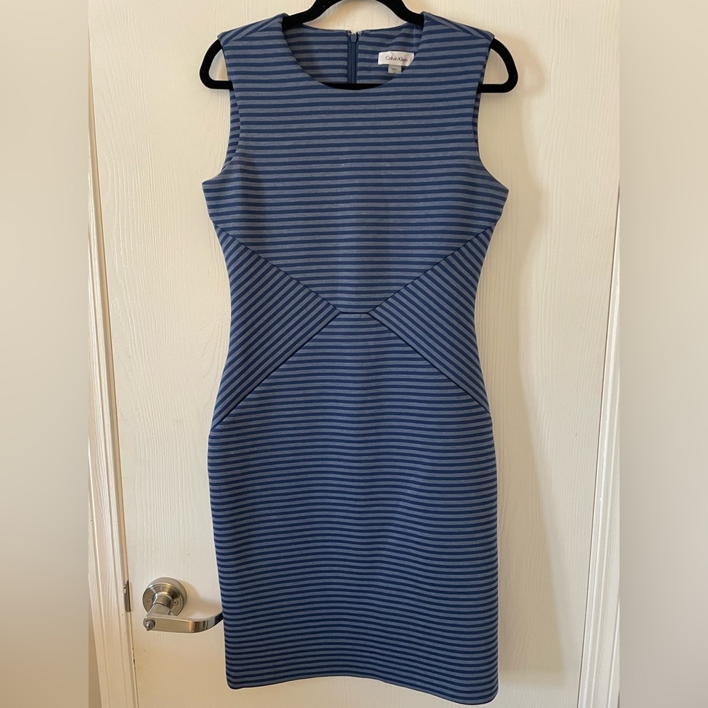 💙 Calvin Klein Blue Striped Dress with Waist Detail